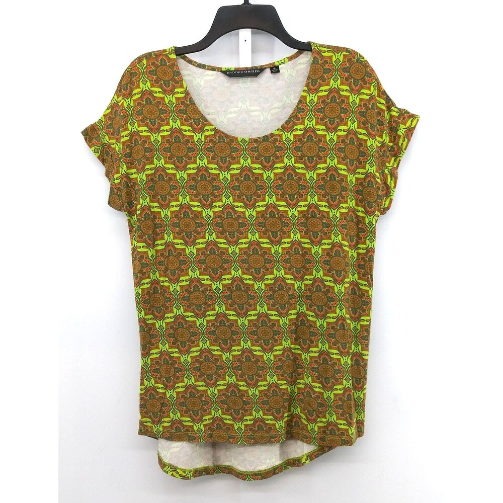 Brooke Shields Timeless Shirt Women Size M Green Floral Short Sleeve Casual Top